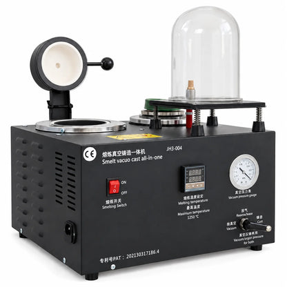 PHYHOO JH3-004 jewelry melting and vacuum casting machine with black housing, melting chamber and clear vacuum hood on a white background