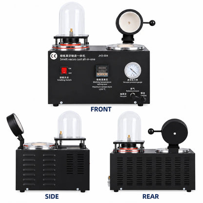 Front, side and rear views of the JH3-004 jewelry melting and vacuum casting machine