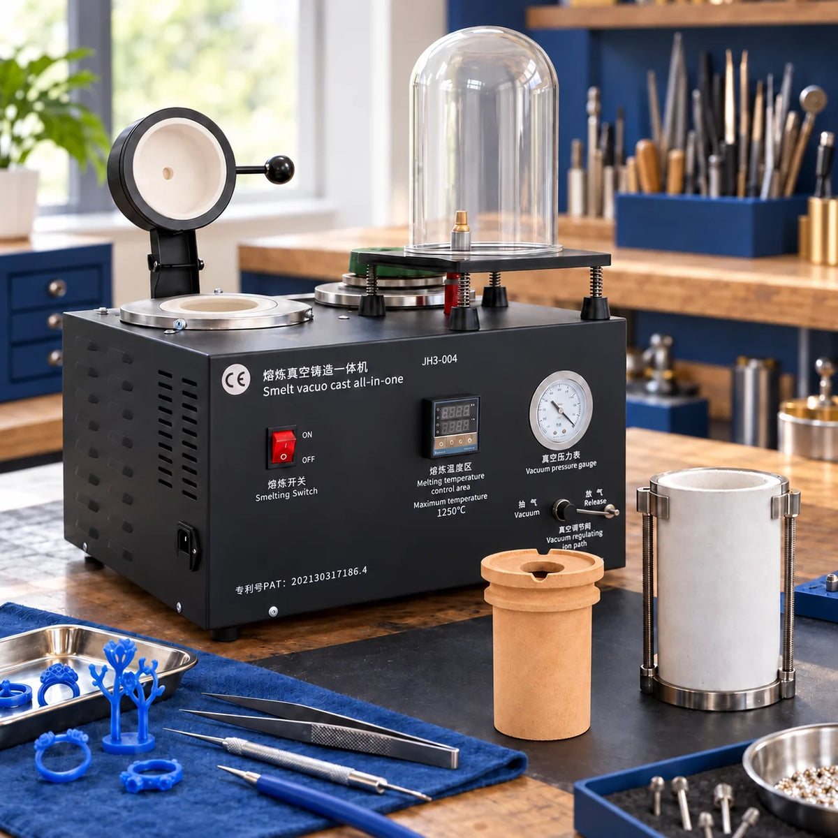 JH3-004 melting and vacuum casting machine with crucible and jewelry tools on a workbench