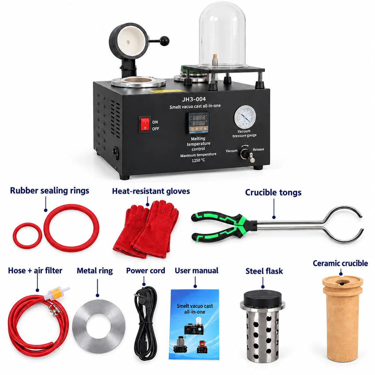 JH3-004 casting machine shown with ceramic crucible, tongs, gloves and other pictured accessories