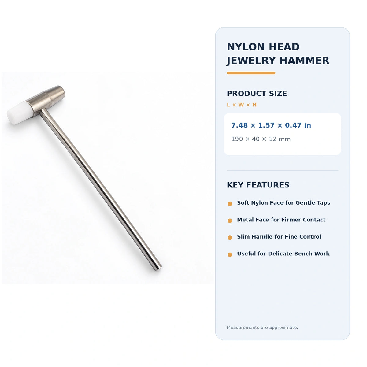 PHYHOO dual-sided nylon and steel jewelry hammer dimensions measuring 190 x 40 x 12 mm for non-marring bench work