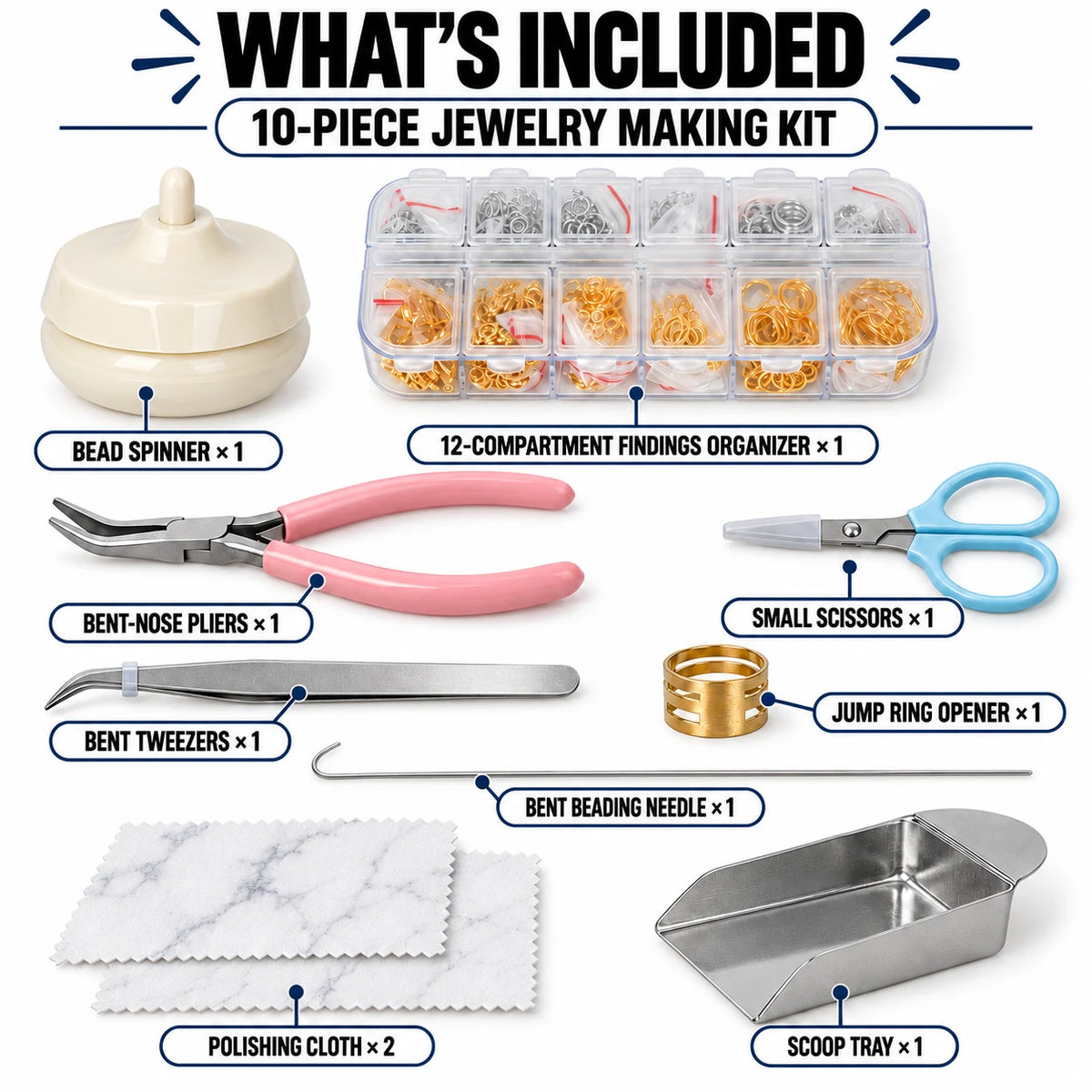 Complete package contents of PHYHOO 10-piece jewelry making kit including bead spinner, pliers, scissors, and scoop tray