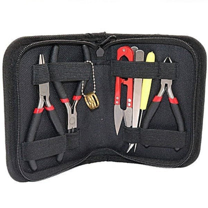 PHYHOO 8-piece jewelry making tool kit in portable black zippered case with pliers, tweezers, thread snip, and jump ring tool