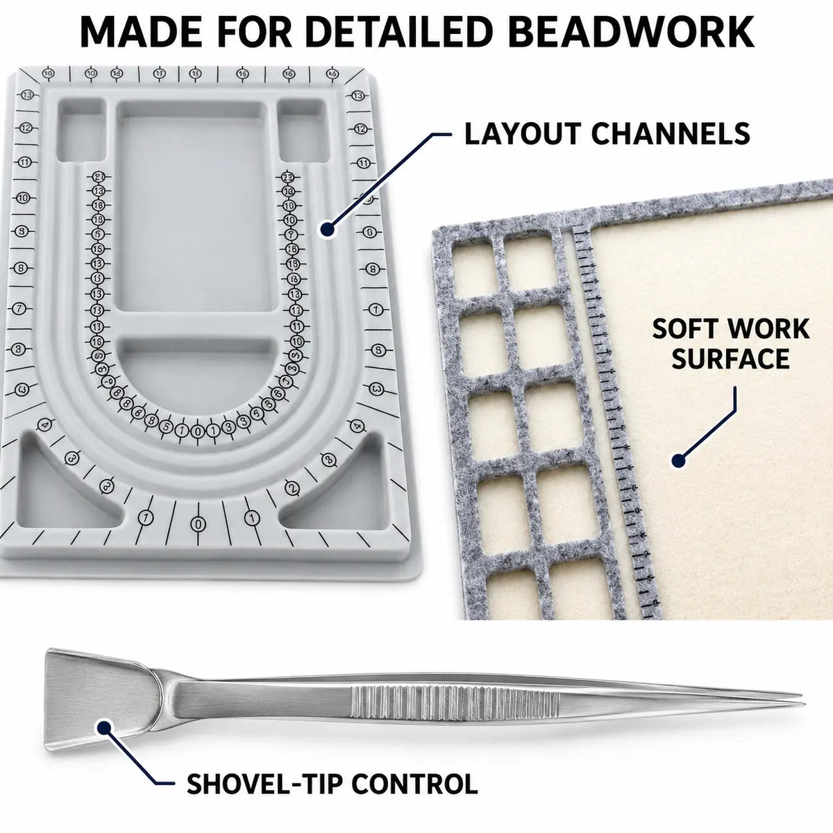 Close-up details of measured necklace layout channels, soft felt work surface, and shovel-tip tweezer control
