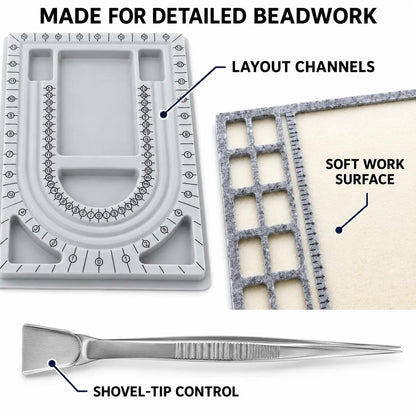 Close-up details of measured necklace layout channels, soft felt work surface, and shovel-tip tweezer control