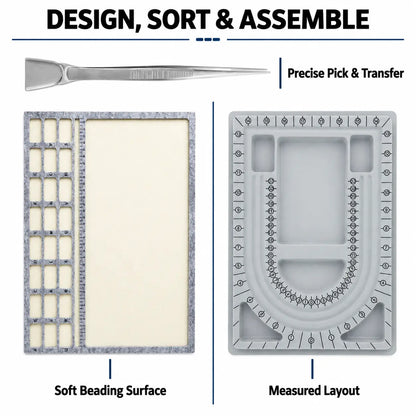 Key features of PHYHOO bead board kit showing soft work surface, measured necklace layout, and tweezer transfer