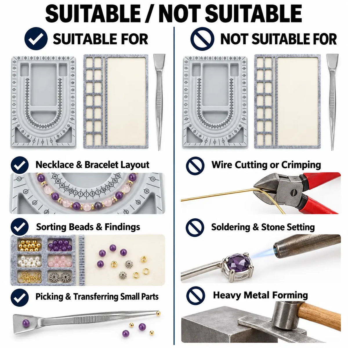 PHYHOO bead design board and mat kit suitable uses for jewelry layout and sorting versus unsuitable heavy metalwork