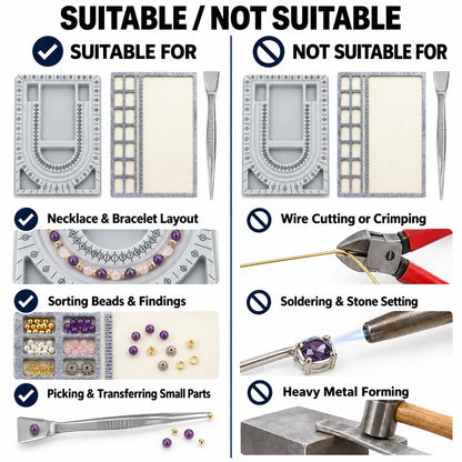 PHYHOO bead design board and mat kit suitable uses for jewelry layout and sorting versus unsuitable heavy metalwork