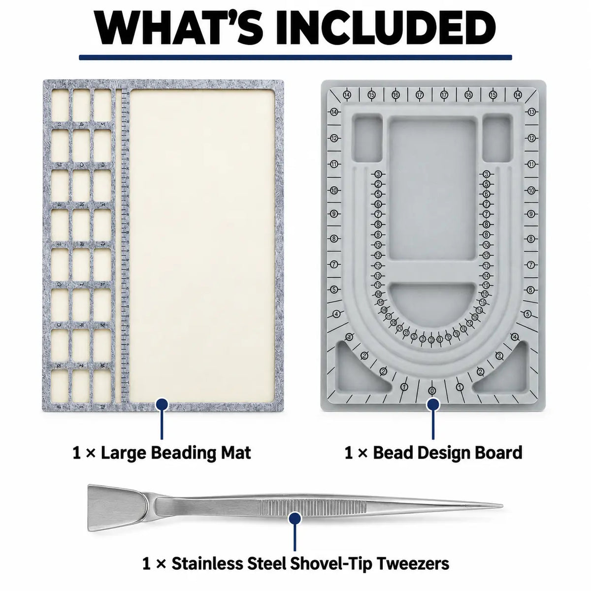 What is included in PHYHOO bead design set: 1 large beading mat, 1 bead design board, and 1 shovel tweezer
