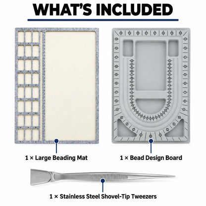 What is included in PHYHOO bead design set: 1 large beading mat, 1 bead design board, and 1 shovel tweezer