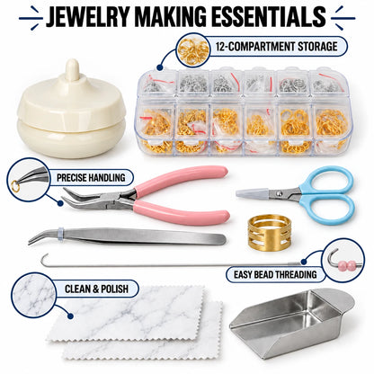 Key features of PHYHOO beading tool set showing jump ring connector handling, marble polishing cloth, and bead scoop