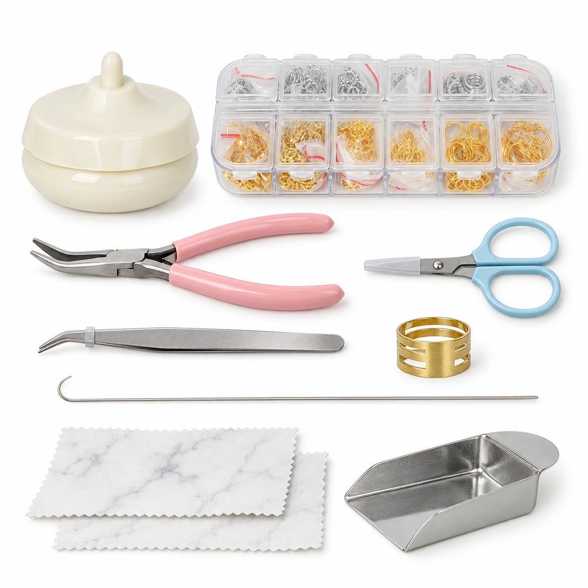 All-in-one DIY jewelry making essentials kit for beginners including jump ring opener, bead spinner, and jewelry pliers