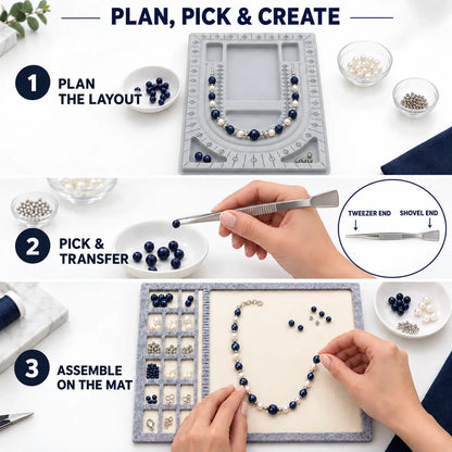 Three-step beading process showing necklace layout planning, tweezer picking, and assembling on soft mat