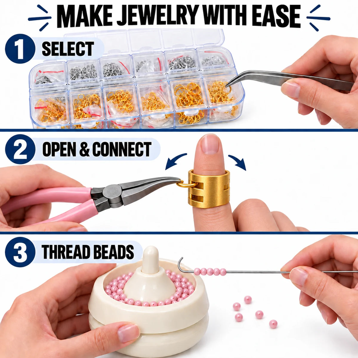 Step-by-step guide for using PHYHOO jump ring opener ring, bent pliers, and manual bead spinner to make jewelry