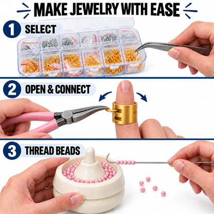 Step-by-step guide for using PHYHOO jump ring opener ring, bent pliers, and manual bead spinner to make jewelry