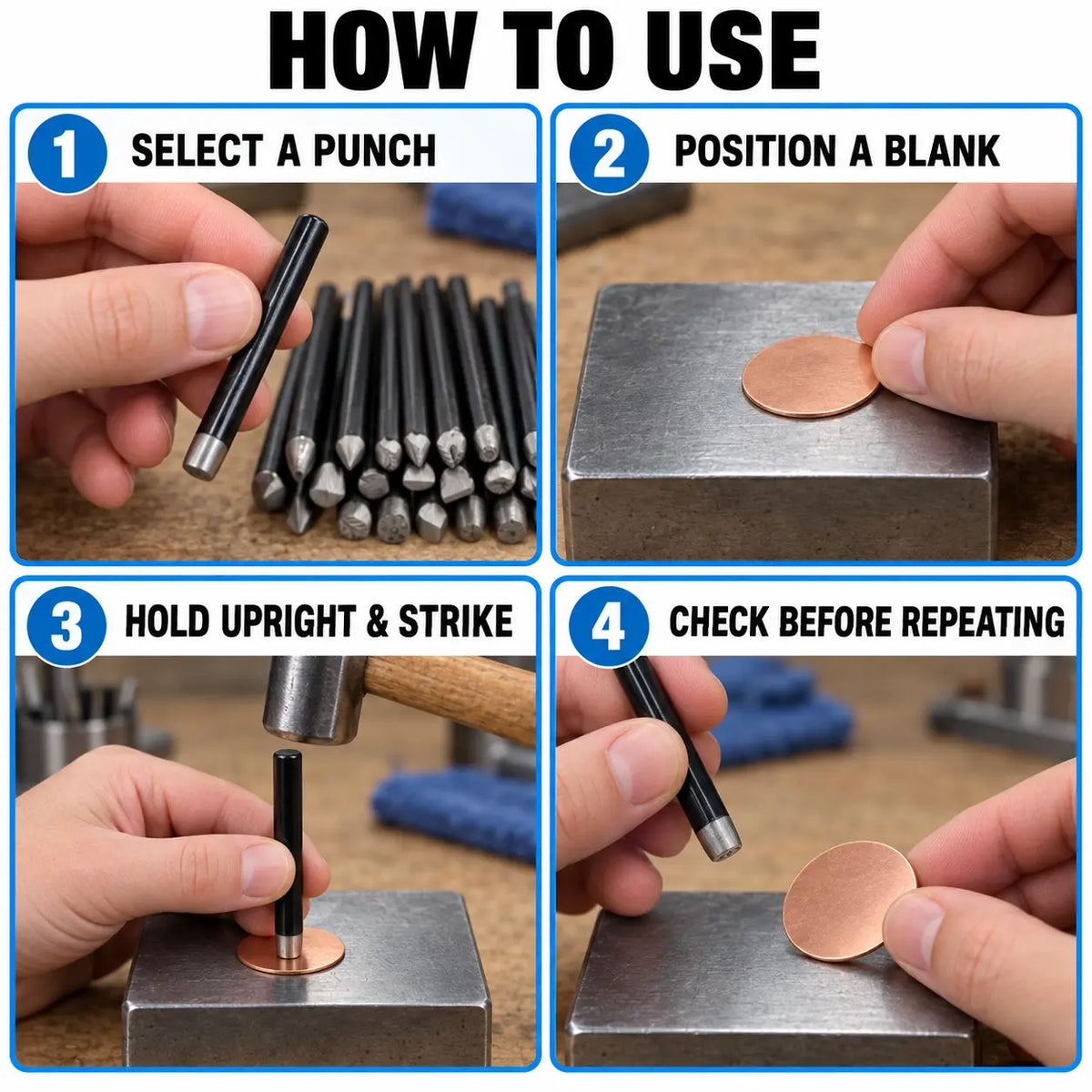 How to use metal stamping punches step by step on metal blank with bench block and hammer