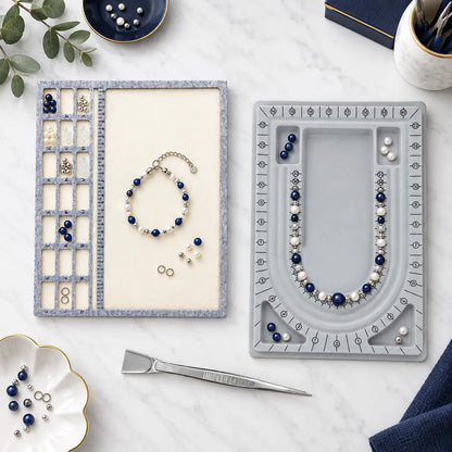 Handmade pearl necklace and bracelet crafting workspace with PHYHOO bead layout tray and organizer mat