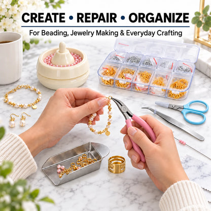 Handmade bracelet and earring assembly using PHYHOO bent-nose jewelry pliers, jump rings, and bead spinner