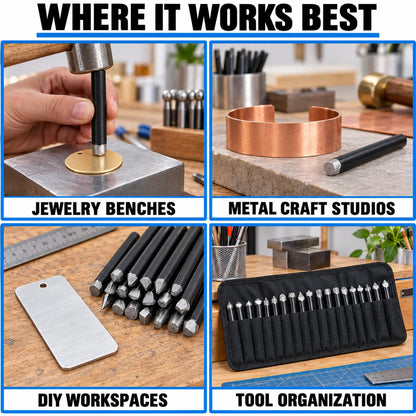 Metal stamping punch set application scenes including jewelry benches, craft studios, and workspaces