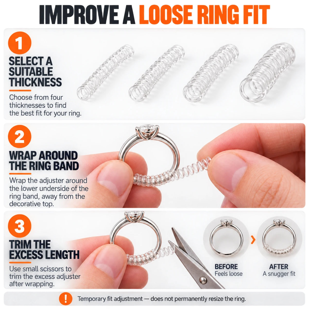 How to adjust loose ring fit using clear spiral ring size adjuster wraps and trimming to custom length