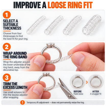 How to adjust loose ring fit using clear spiral ring size adjuster wraps and trimming to custom length