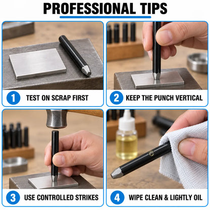 Professional tips for metal stamping including scrap testing, vertical angle, controlled strike, and oiling