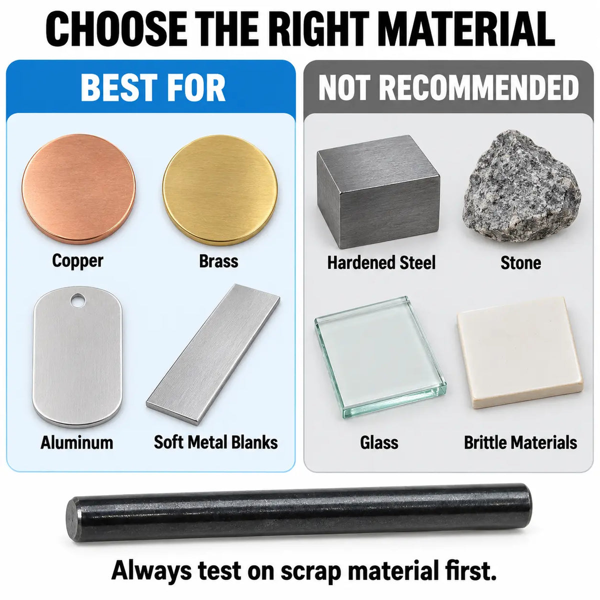 Suitable and unsuitable materials guide for PHYHOO metal stamping punches showing compatible soft metals versus hardened steel