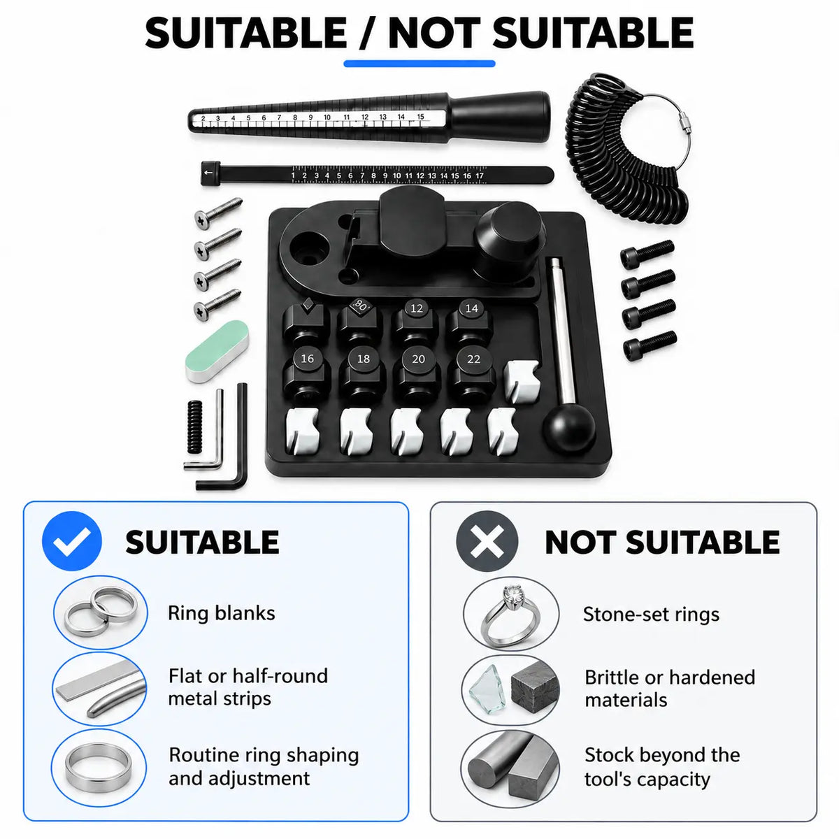 PHYHOO ring bender material compatibility guide showing suitable metal strips and unsuitable stone-set rings