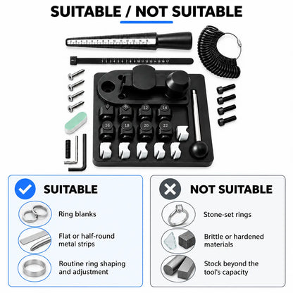PHYHOO ring bender material compatibility guide showing suitable metal strips and unsuitable stone-set rings