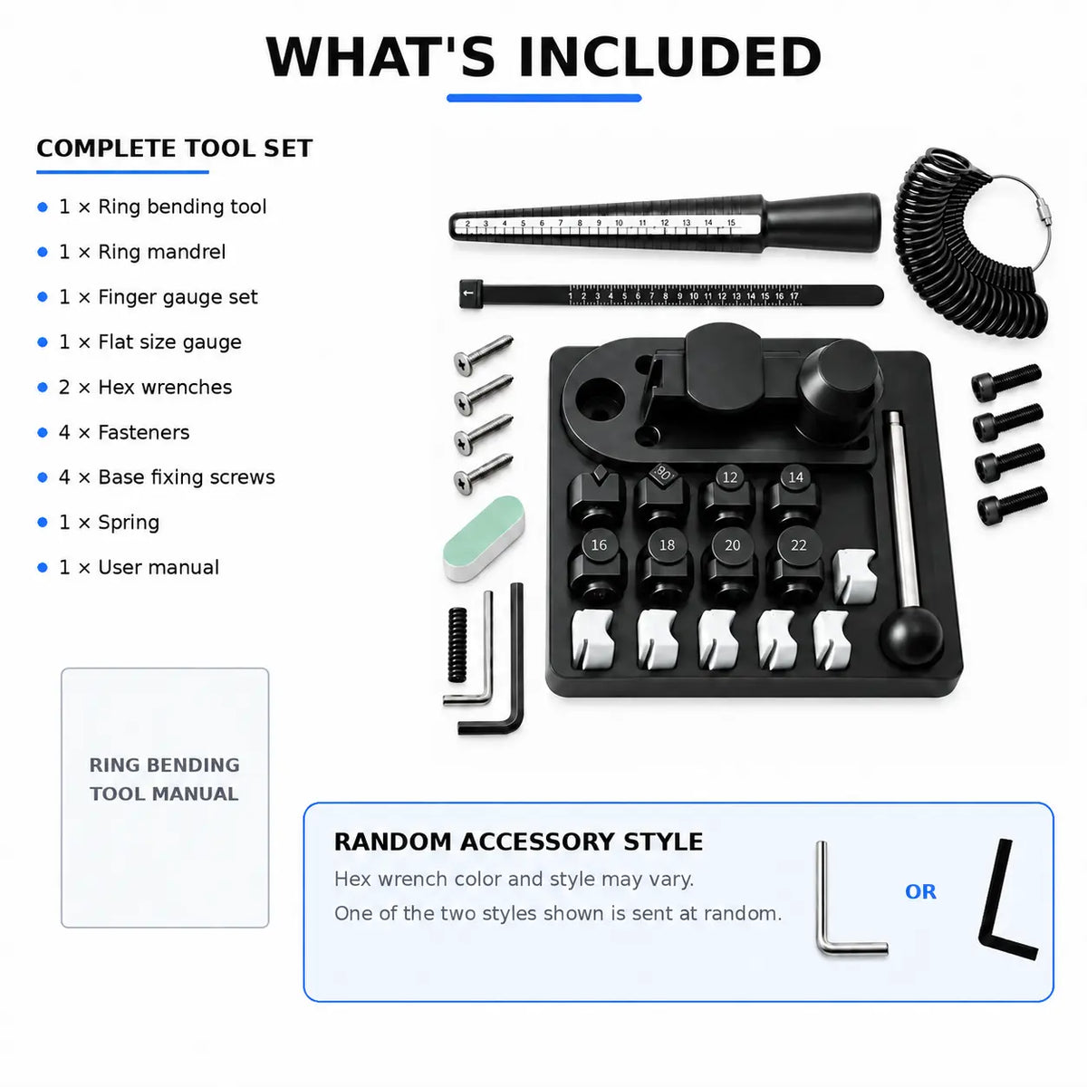 Complete package contents of PHYHOO ring bending tool kit including base, dies, mandrel, gauges, screws, and manual