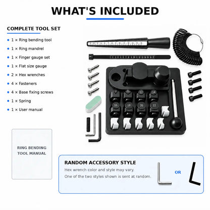 Complete package contents of PHYHOO ring bending tool kit including base, dies, mandrel, gauges, screws, and manual