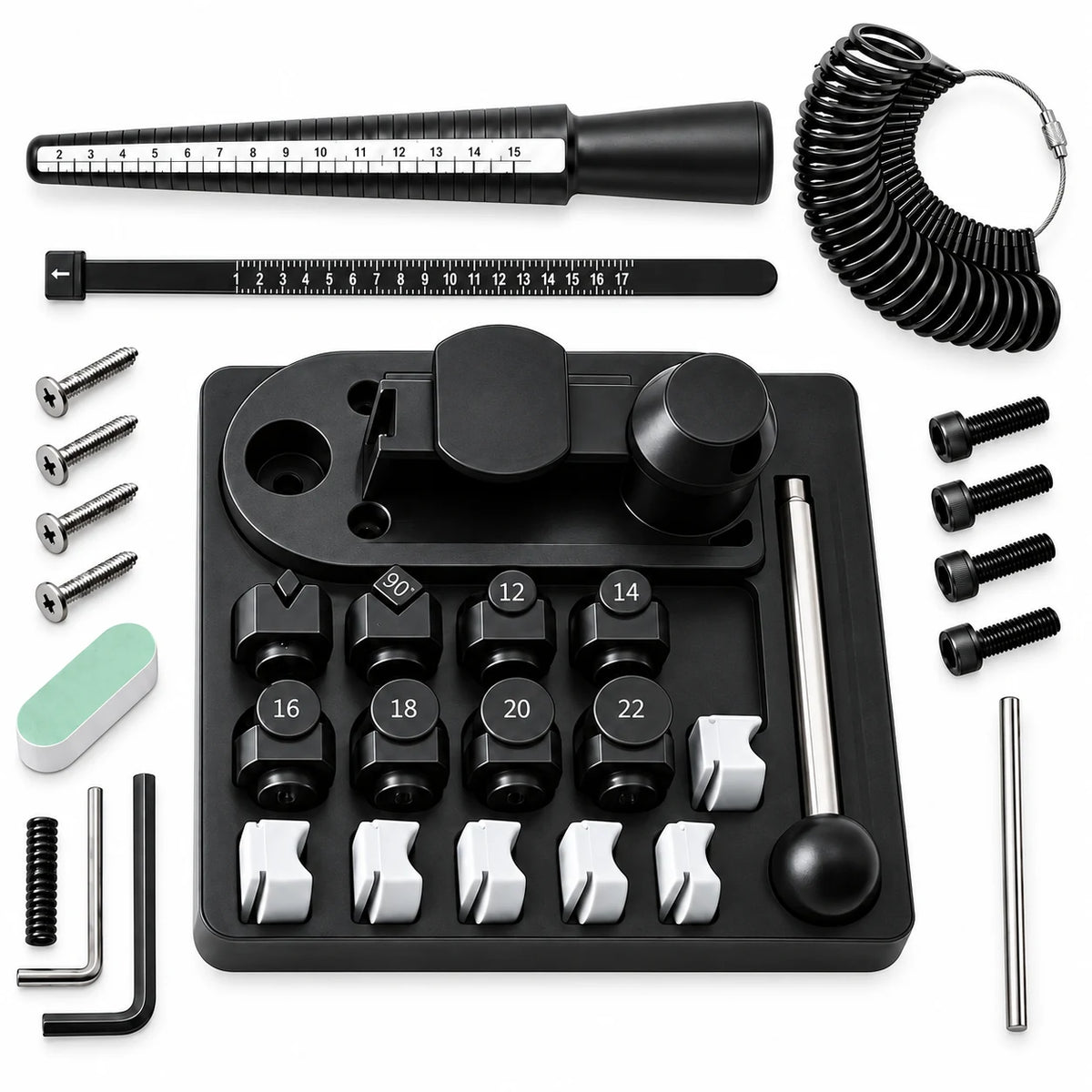 PHYHOO ring bending tool set with heavy duty steel base, forming dies, ring mandrel, and finger sizing gauges