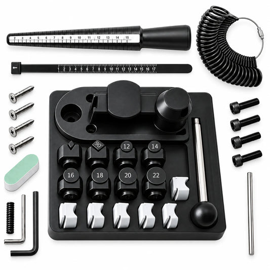 PHYHOO ring bending tool set with heavy duty steel base, forming dies, ring mandrel, and finger sizing gauges