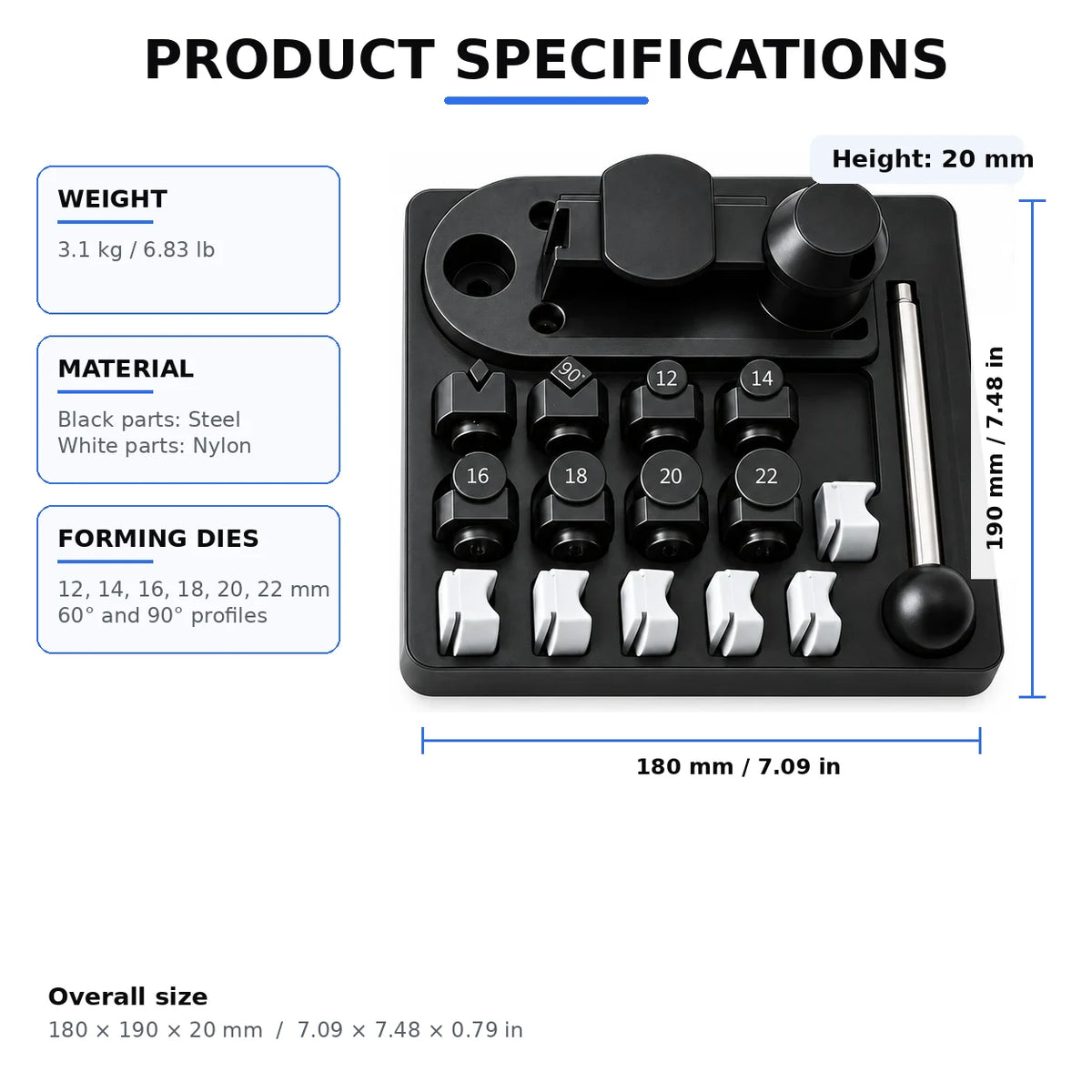 PHYHOO ring bending tool technical specifications showing 180x190x20mm dimensions, 3.1kg weight, and 12-22mm dies