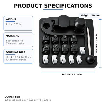 PHYHOO ring bending tool technical specifications showing 180x190x20mm dimensions, 3.1kg weight, and 12-22mm dies