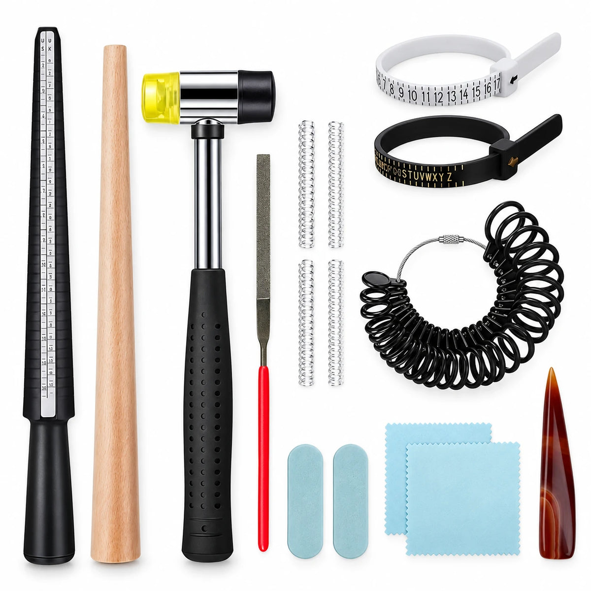 PHYHOO complete ring care and repair kit with ring mandrels, rubber mallet, ring sizers, and polishing tools