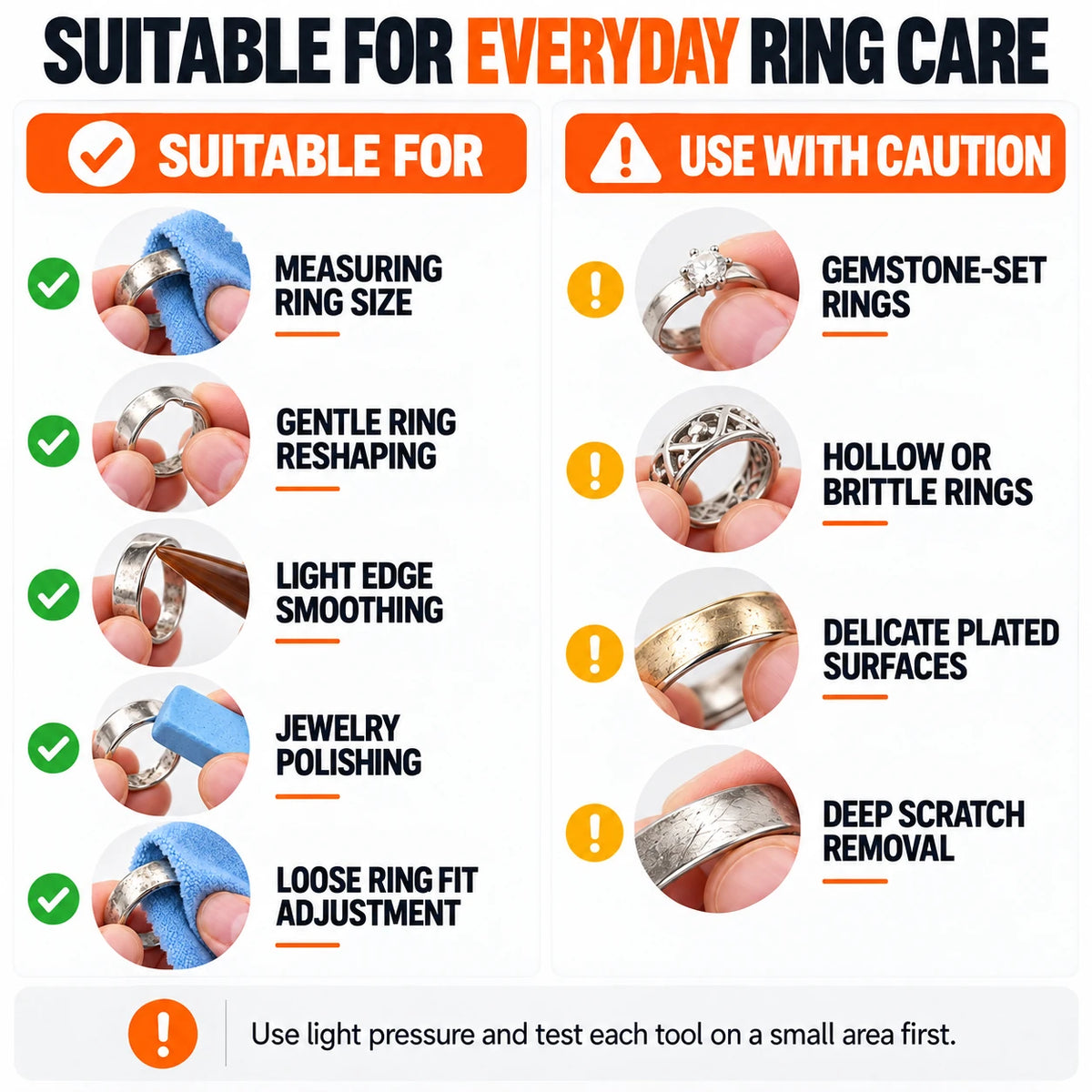 Compatibility guide showing suitable everyday ring care tasks versus caution on gemstone-set and plated jewelry