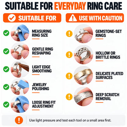 Compatibility guide showing suitable everyday ring care tasks versus caution on gemstone-set and plated jewelry