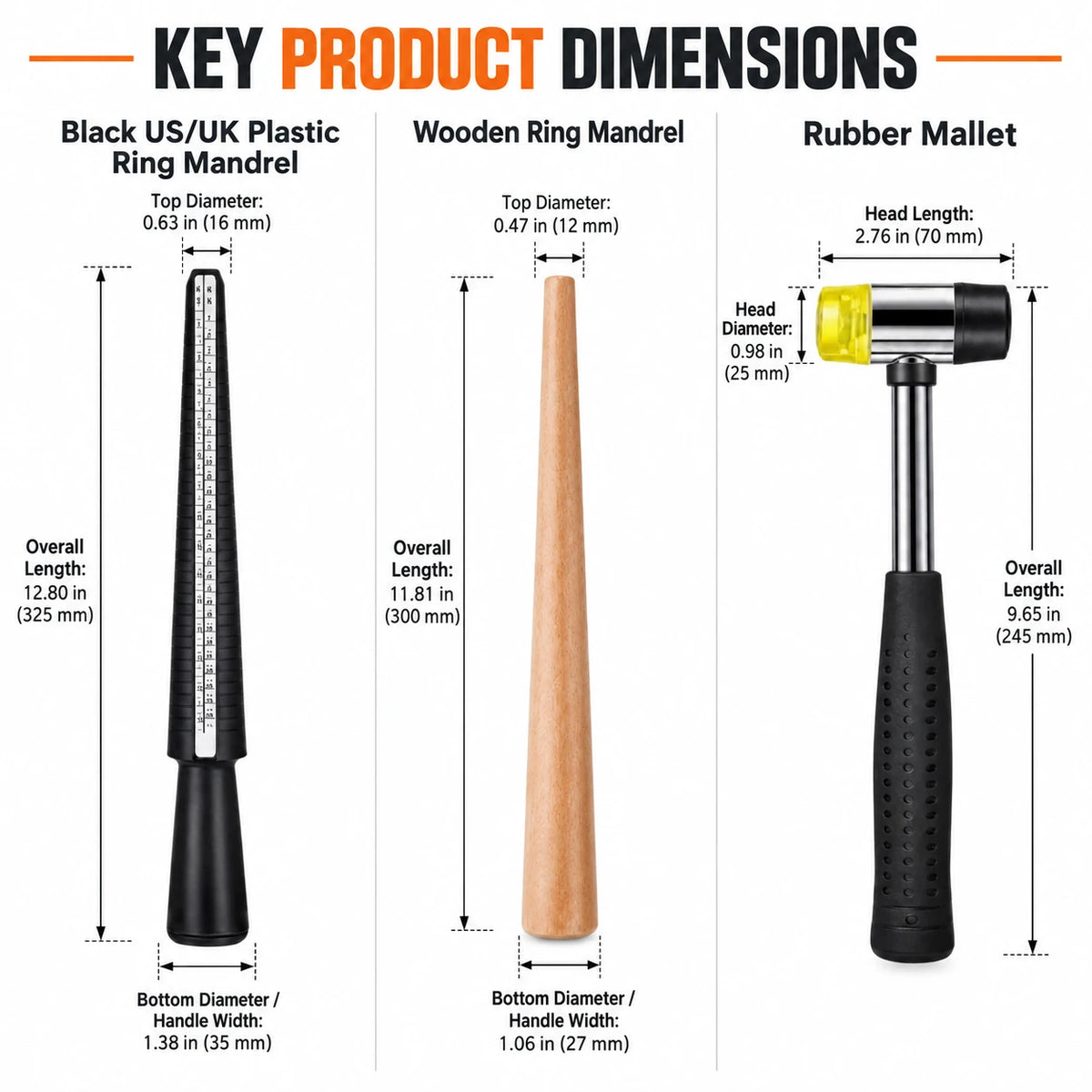 Dimensions and specifications for PHYHOO plastic ring mandrel, wooden ring mandrel, and dual-head rubber mallet