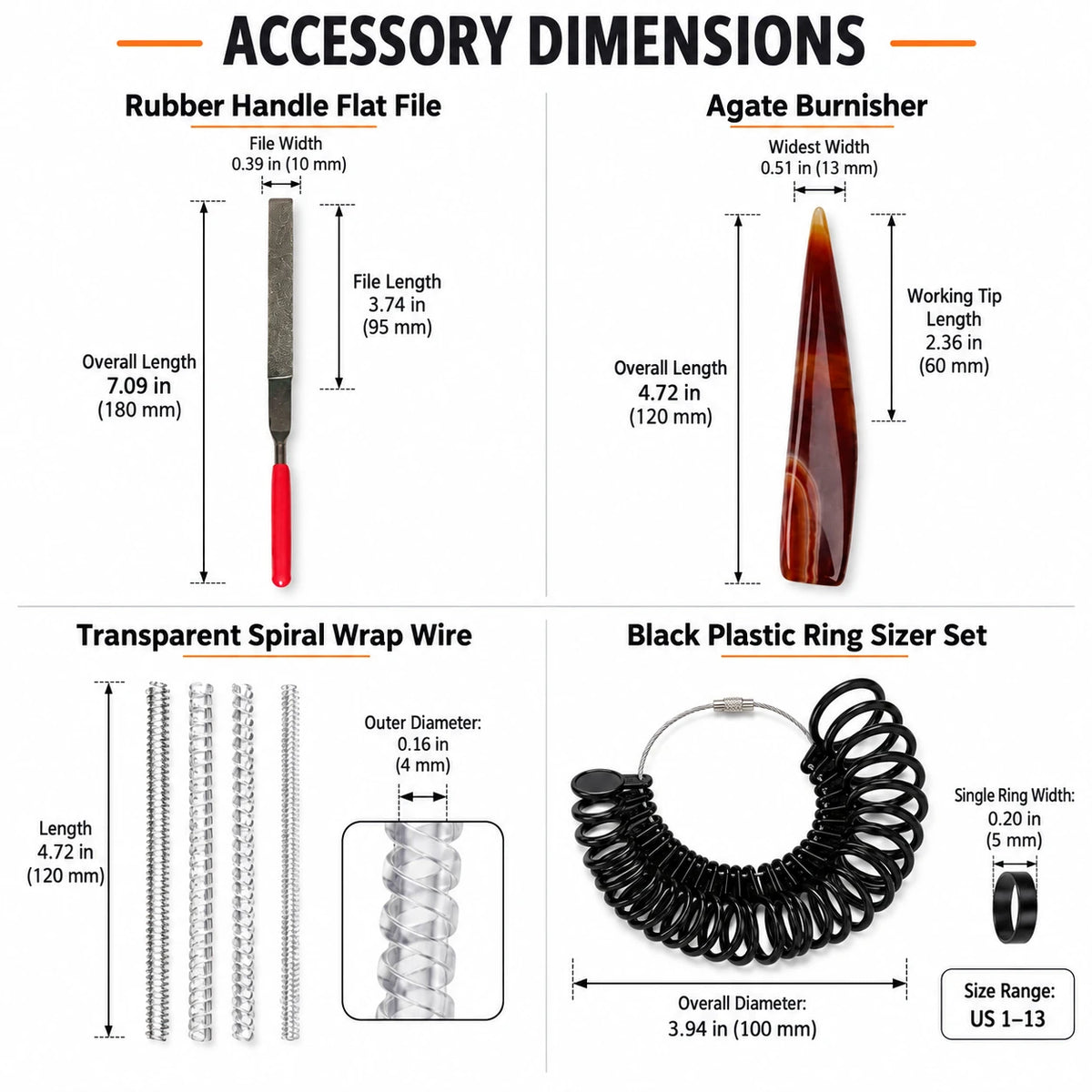 Detailed dimensions for rubber handle flat file, natural agate burnisher, spiral wrap wire, and finger sizer set