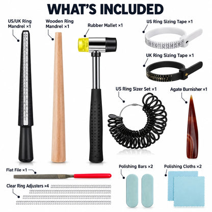 Complete contents of PHYHOO ring care kit including mandrels, rubber mallet, sizing tapes, agate burnisher, and files