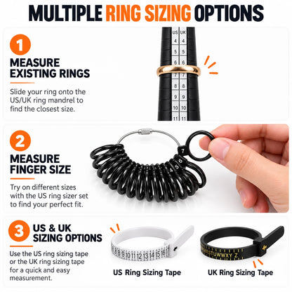 Step-by-step guide for measuring ring size using PHYHOO US UK ring mandrel, ring sizer gauge, and sizing tapes
