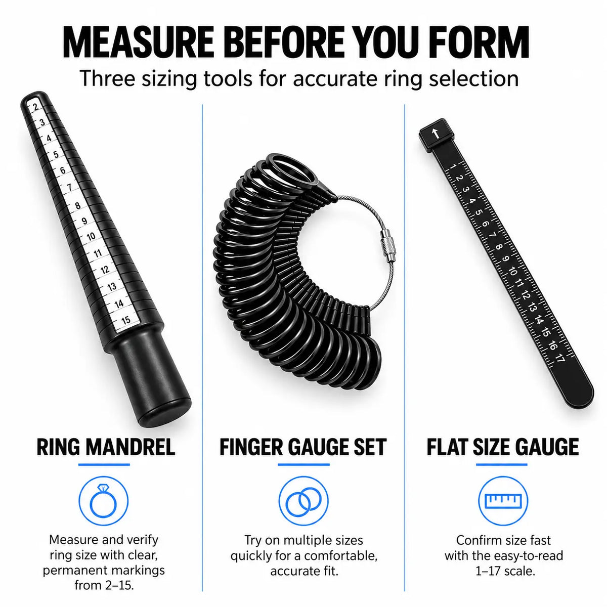 PHYHOO ring sizing tools including graduated metal ring mandrel US sizes 2-15, finger gauge set, and flat ring sizer