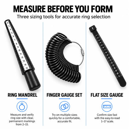 PHYHOO ring sizing tools including graduated metal ring mandrel US sizes 2-15, finger gauge set, and flat ring sizer