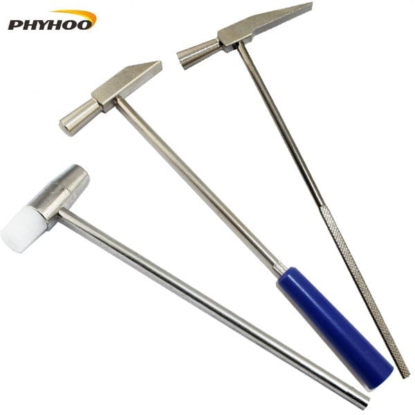 PHYHOO watchmaker and jewelry repair mini hammer set showing dual head nylon steel hammer, blue grip hammer, and knurled metal handle hamme
