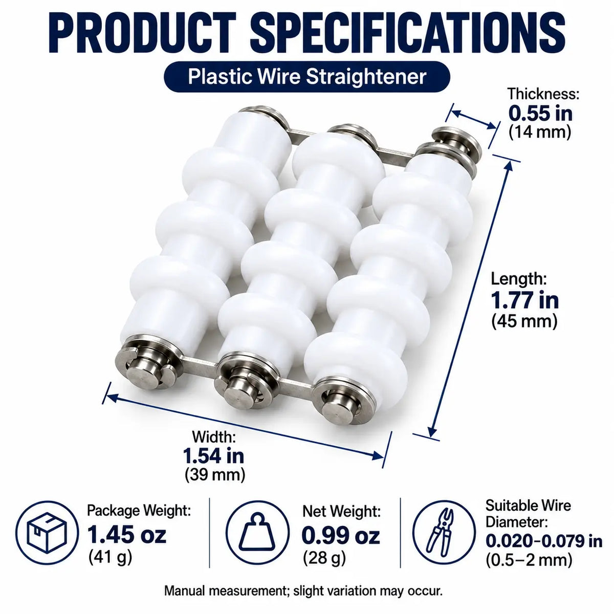 Dimensions and 0.5-2mm wire capacity specifications for PHYHOO wire straightener tool