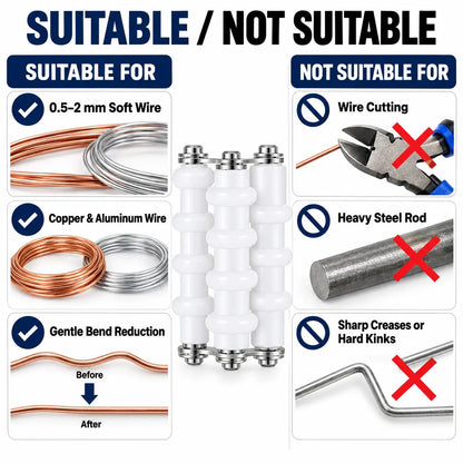 Compatibility guide for PHYHOO wire straightener showing suitable soft craft wires and restrictions