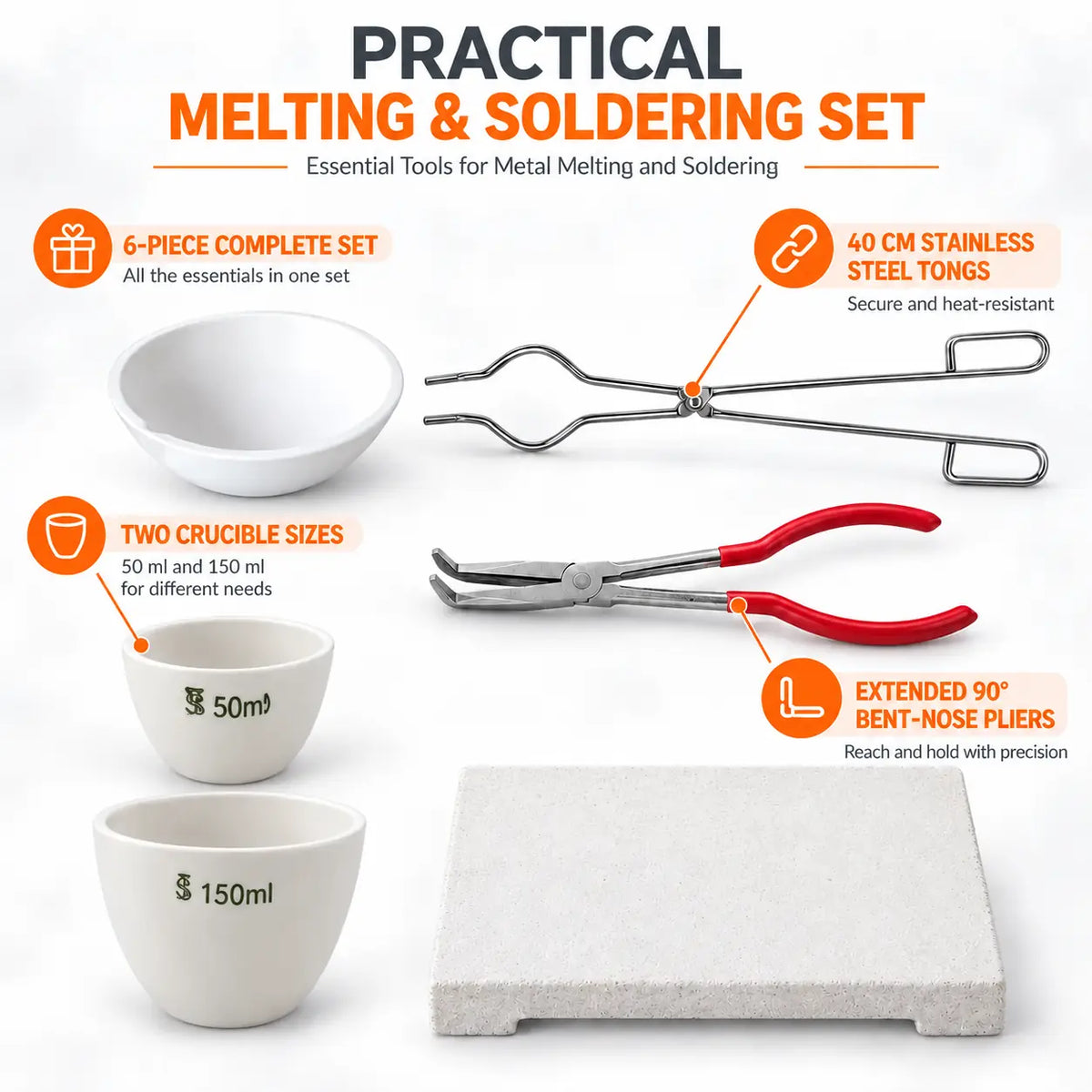 PHYHOO 6-piece ceramic crucible melting and soldering set with 10-liang melting bowl, 50ml and 150ml crucibles, 40cm stainless steel tongs, 90-degree bent-nose pliers, and firebrick