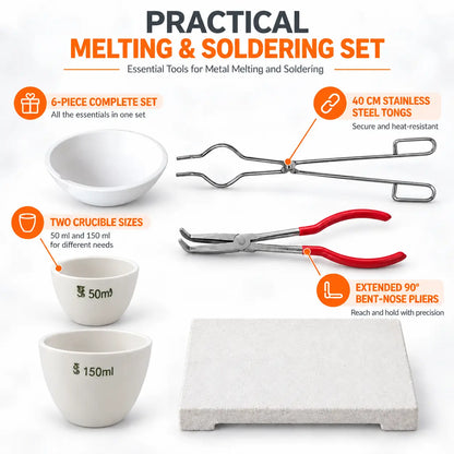 PHYHOO 6-piece ceramic crucible melting and soldering set with 10-liang melting bowl, 50ml and 150ml crucibles, 40cm stainless steel tongs, 90-degree bent-nose pliers, and firebrick
