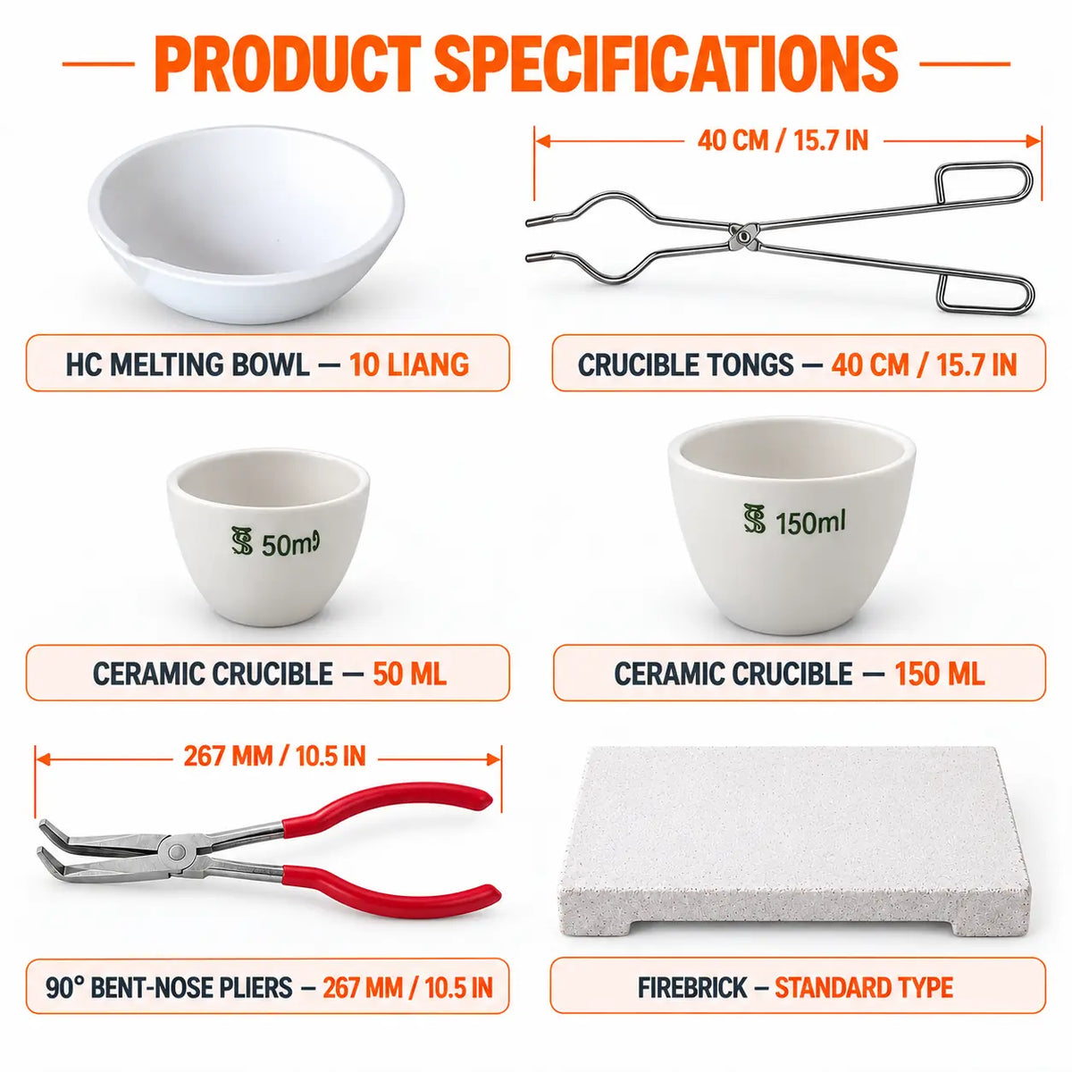 PHYHOO ceramic crucible melting kit specifications - 10-liang melting bowl, 40cm crucible tongs, 50ml and 150ml crucibles, 267mm 90-degree bent-nose pliers, and standard firebrick